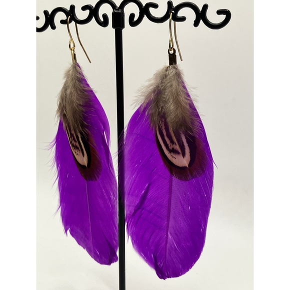 Purple Feather Dangle Earrings! - Picture 3 of 7
